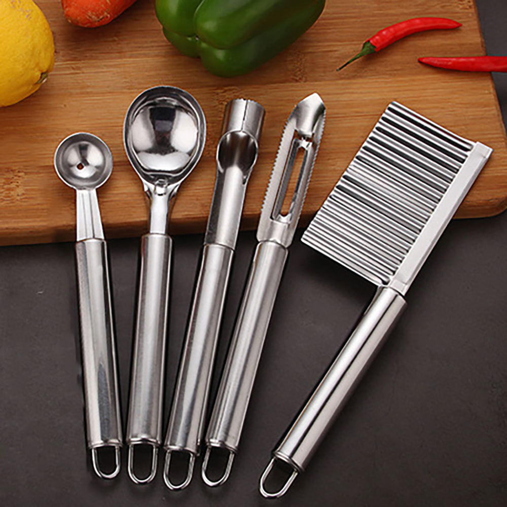 Kingwise Custom Logo Stainless Steel Fruit Carving Tools Apple Melon Corer Digger 5 Pieces Carving Knife Set