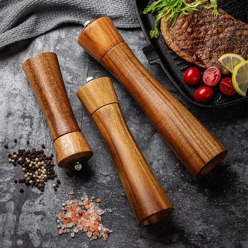 Kingwise Kitchen Eco-Friendly Dishwasher Safe Manual Hand Operated 6/8/10Inch Pepper & Salt Mills Acacia Wood Grinder