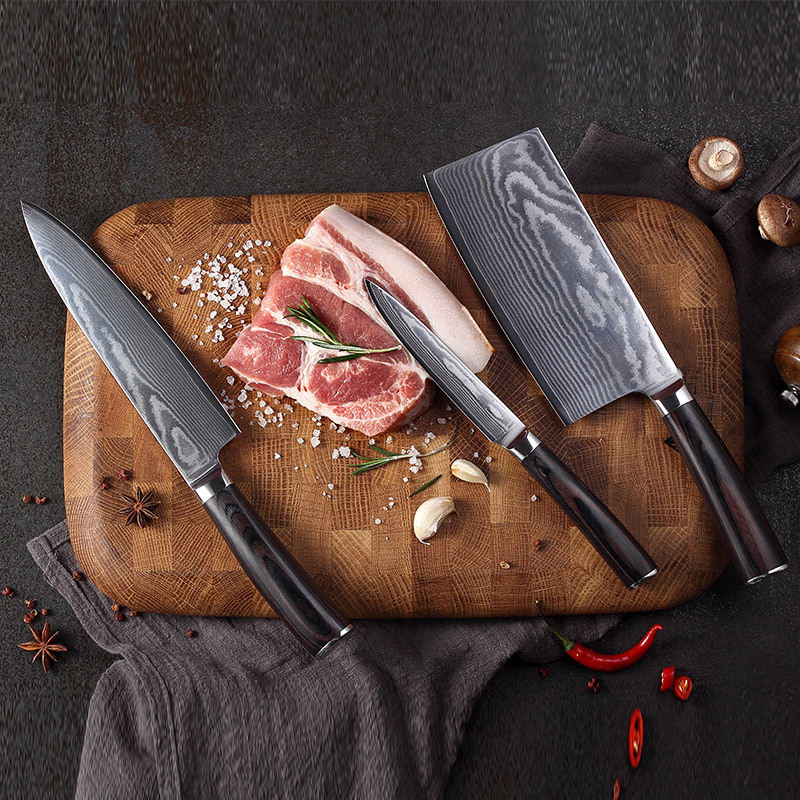 KINGWISE 10Cr15 High Carbon Stainless Steel Damascus Laser Pattern Kitchen Chef Knife Set